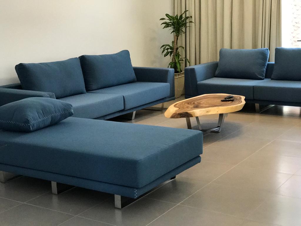 long blue sofa